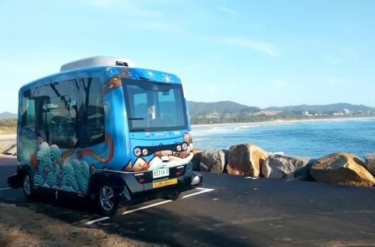 Busbot, the brightly painted driverless shuttle being trialled in Coffs, is a fully electric EasyMile EZ10 vehicle