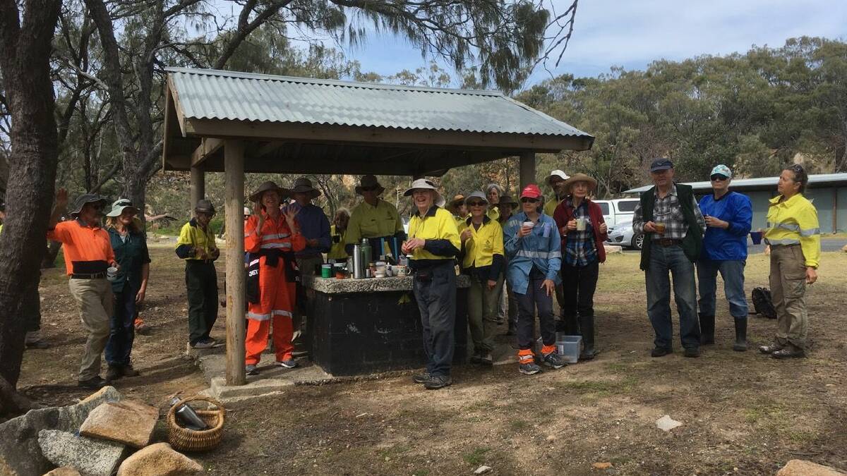 South West Rocks Community Dune Care hosted 17 visiting volunteers in August, pictured here at morning tea at Arakoon.