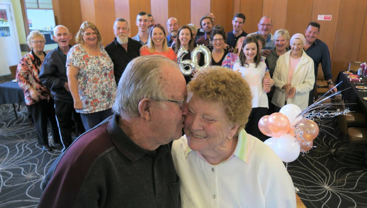 Fay and Bob Welsh with family and friends at their surprise 60th wedding anniversary lunch at Macksville Ex-Services Club on July 5. Photo by Jess Wallace.