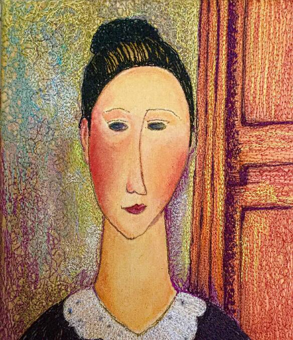 "Apologies to Modigliani" By Paula Tamblyn. Free machine Textile image.