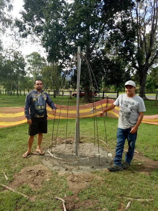 Local artists Malcolm ‘Buster’ Dickson and Elwyn Toby before they began work
on the mosaic sculpture at the Bellbrook CWA Park recently.