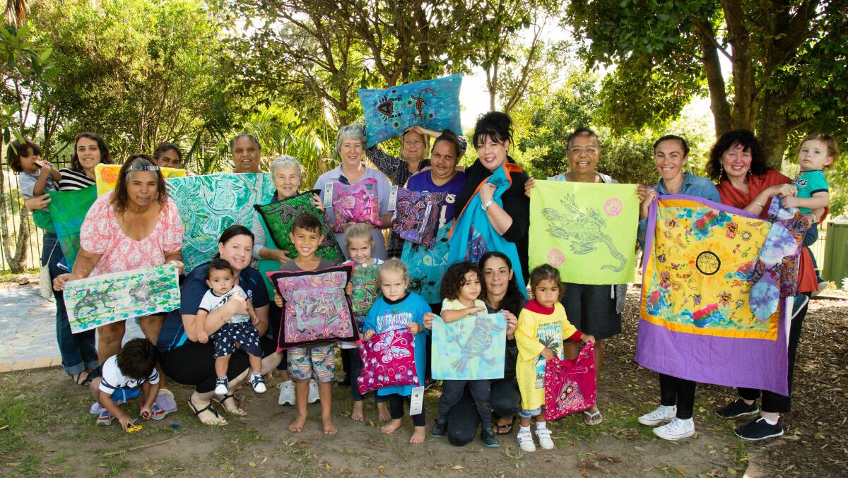 Designs are block printed onto fabrics by members of the Schools As Community Centres playgroup, which is held at Kempsey’s Dalaigur Preschool each Tuesday.