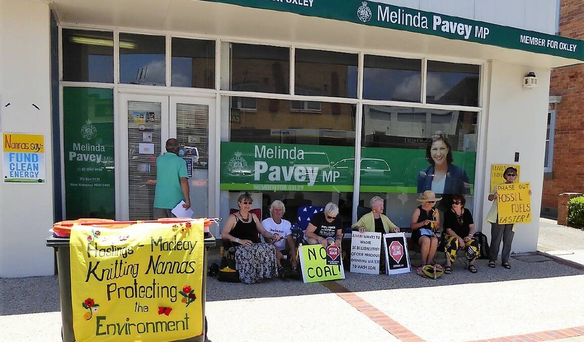 SILENT PROTEST: Knitting Nannas will meet tomorrow (19th) outside Melinda Parvey's West Kempsey office in silent protest against fossil fuels. Picture: From the knit-in at Melinda Pavey’s office in December 2018