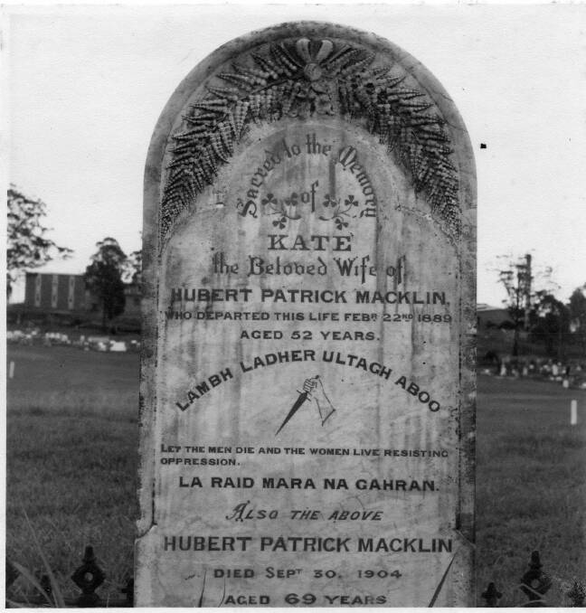 The headstone of Hubert and Kate Macklin in 1995. Photo: Macleay River Historical Society.