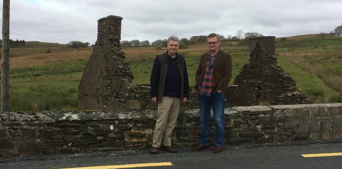 Dr Jonathan Wooding and Dr Breandan Mac Suibhne in front of the ruins of Letterbrick School, County Donegal where Hubert Macklin began his teaching career. Photo: courtesy Dr Jonathan Wooding.
