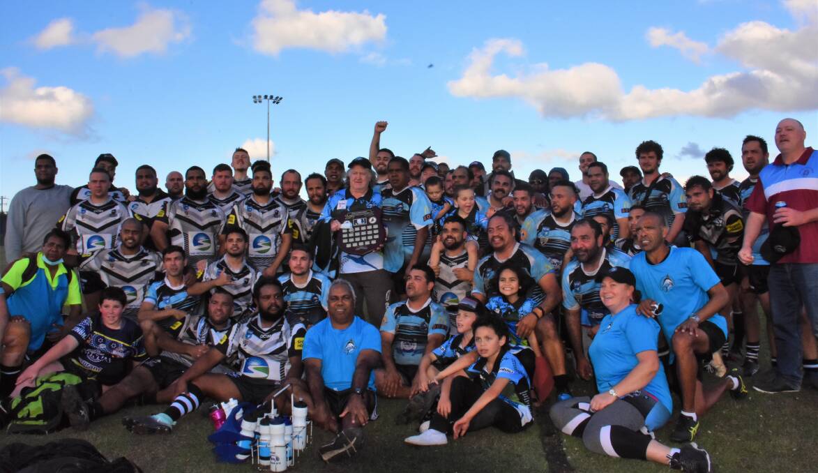 South West Rocks Marlins and Lower Macleay Magpies players and officials with John Elford. Photo: Lachlan Harper 