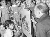 Eric Jolliffe and some small friends at West Kempsey Infants School 11 November 1976.