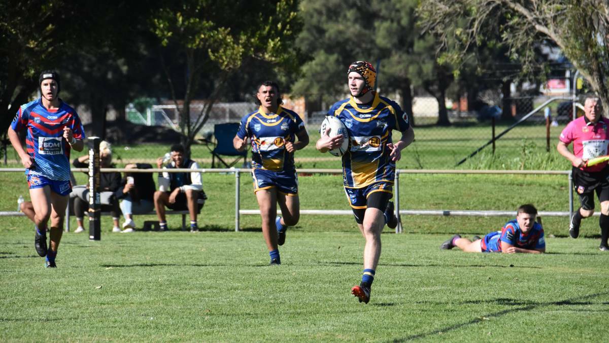 Macleay Valley Mustangs 18s winger Braith Powick scoring during his double against Wauchope. Photo: File 