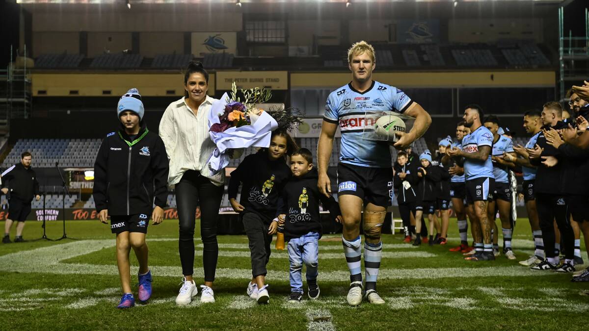 Aiden Tolman's children sport the specially designed apparel featuring their father as a Smithtown Tiger. Photo: Cronulla Sharks media 