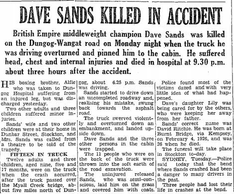 Macleay Argus from 1952, announcing Sands' death.