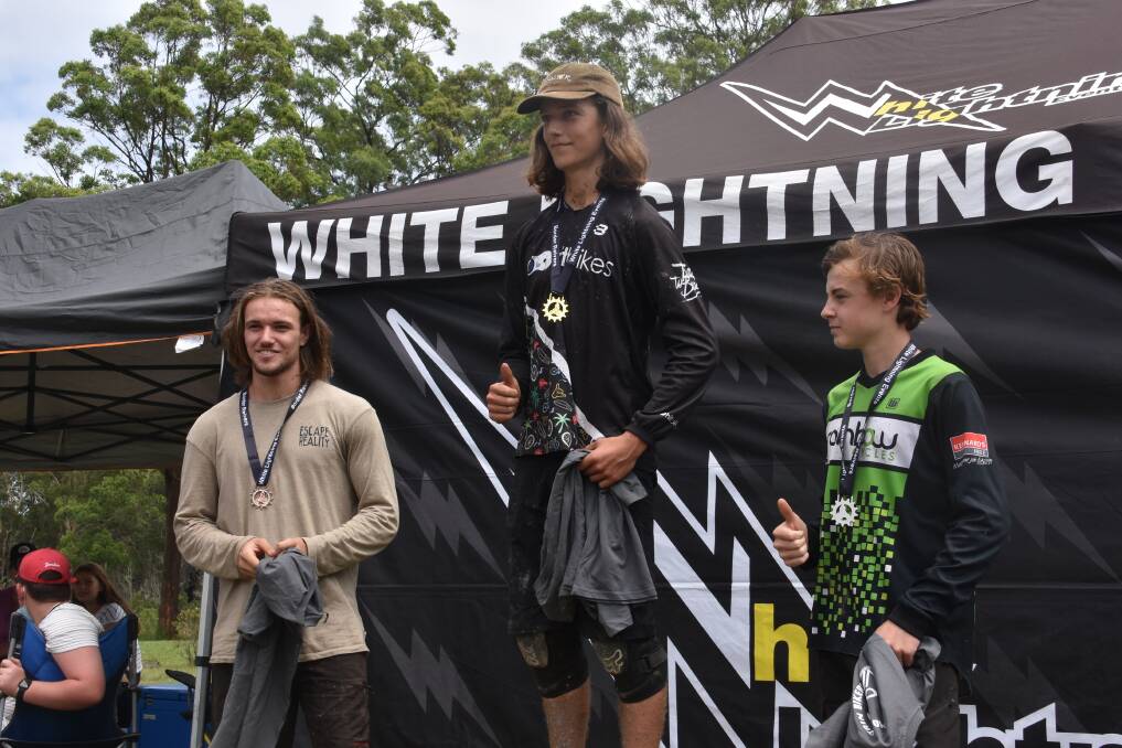Tristan Ardetti leading the podium with Samuel Murray and Jacob Mason in second and third for under 19s. Photo: Lachlan Harper 