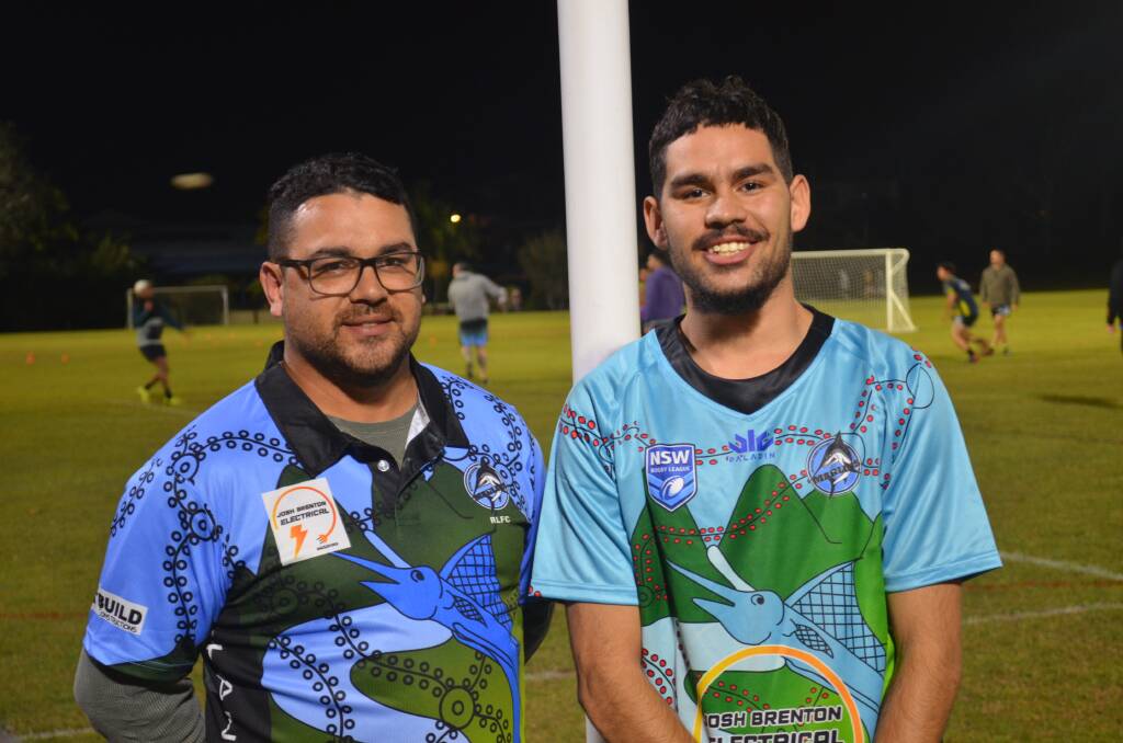 South West Rocks Marlins coach Alfie Drew and Josh Trindall sporting the Marlins indigenous jersey. Photo: Lachlan Harper 