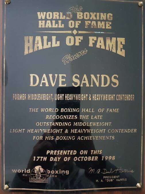 Sands' plaque honouring his induction into the World Boxing Hall of Fame. Photo: Supplied