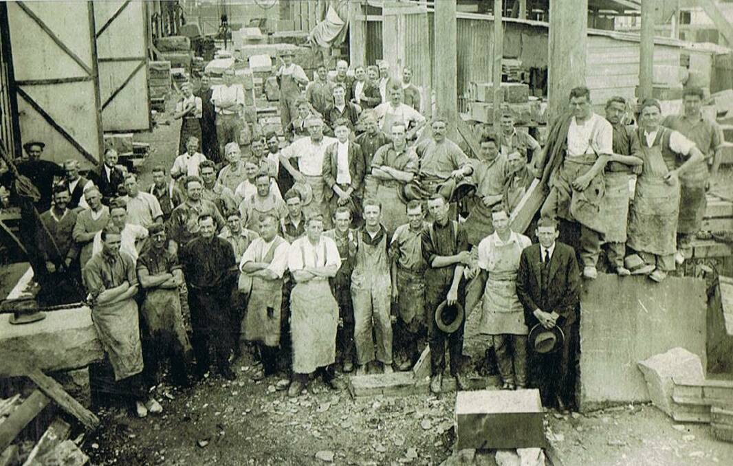 A group picture of stonemasons from Moruya during construction of the Sydney Harbour Bridge. Photo: Supplied 