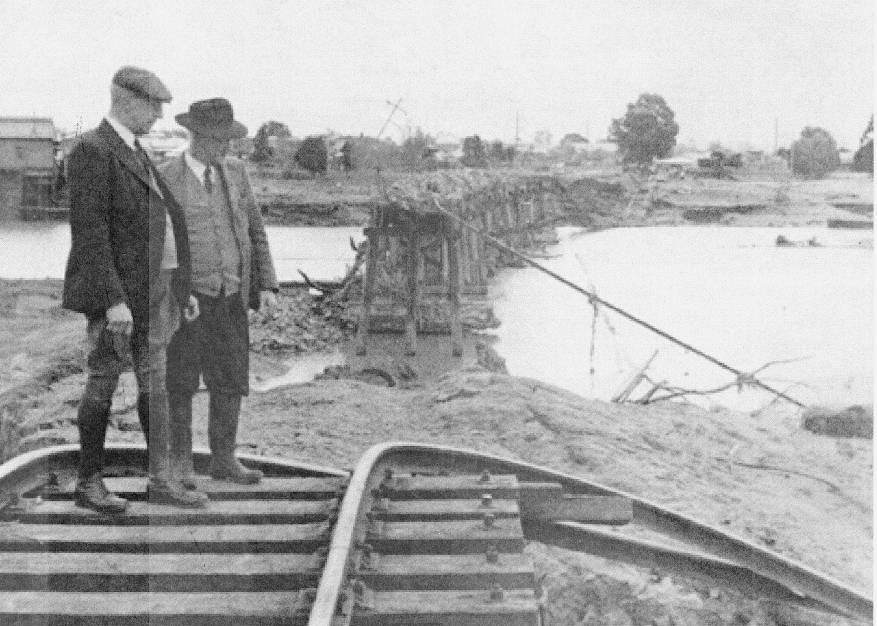 HISTORIC KEMPSEY RAILWAY: The Kempsey railway, soon to star in a TV series, has a history of being impacted by flood damage. 1949.