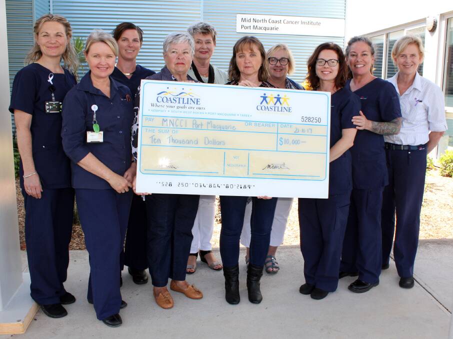 MNCCI Clinical Trials Coordinators Victoria Miller, Cheryl Rine, Suzzanna Fettell, Kylie Newton and Nicole Allen, along with MNCCI Nursing Unit Manager Jenny Baroutis (right) accept the $10,000 cheque from Lilli Pilli Ladies Lyn Gleeson (fourth from left), Judy Saul, Jenny Gee and Stephanie Scott.