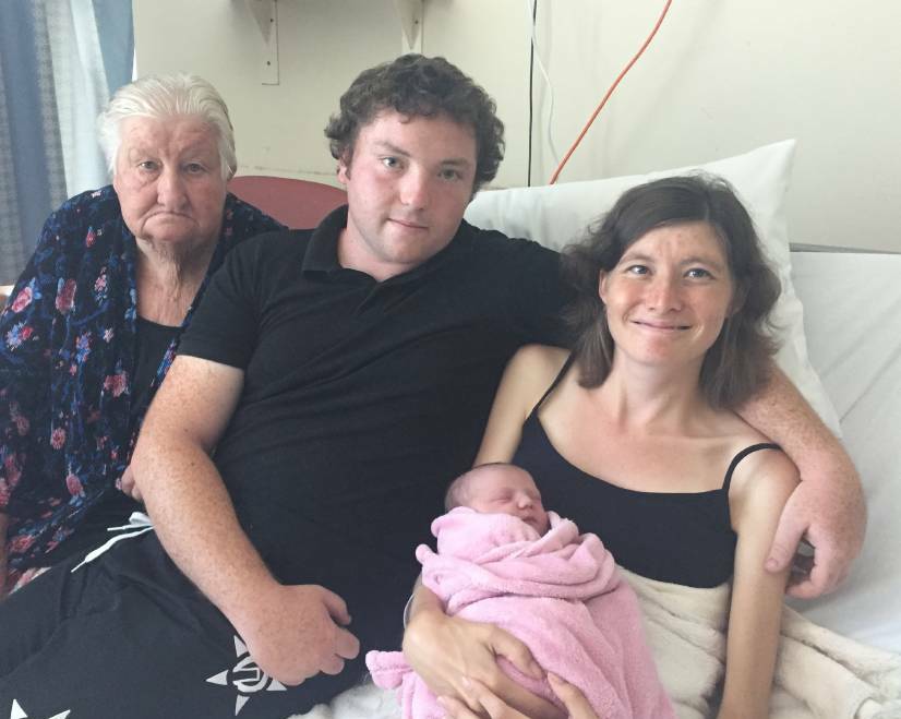 Welcome to the world: New parents Elijah Alexander and Sam Craig-Mullard with their daughter Sophia Rose as great-grandmother Alice Mullard looks on.

