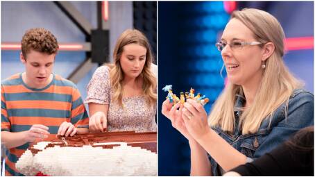 Port Macquarie's Caleb Campion (left) with his team partner Alex and Telegraph Point's Rachael McIntosh (right) with partner Lexi (not pictured) are in the final four teams of Lego Masters. Picture: Channel 9. 