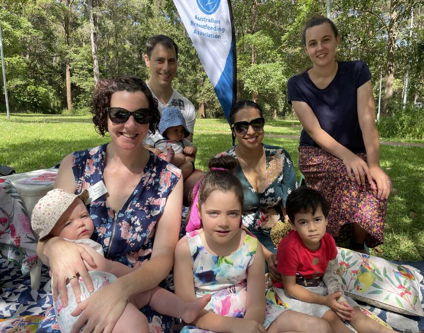 Alison Ralph with baby Imogen, Savannah Ralph, Anthony Grasso with baby Aria (back), Meera Grasso, Oliver Grasso and Michelle Gale at the Australian Breastfeeding Association meet up at Roto House. 