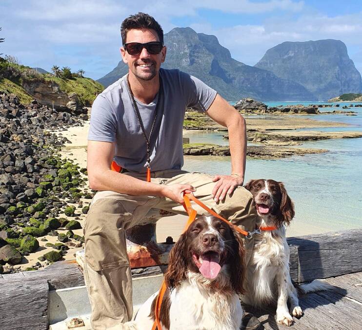 Vital role: Ryan Tate from Tate Animal Training Enterprises with dogs Sebbi and Zuma at Lord Howe Island. Photo: supplied. 