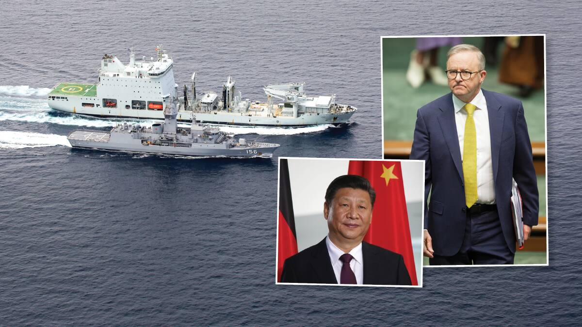 HMAS Toowoomba, with Canadian commercial container ship MV Asterix. Inset Chinese President Xi Jinping and Australian Prime Minster Anthony Albanese. Pictures Defence Images, Shutterstock, Sitthixay Ditthavong
