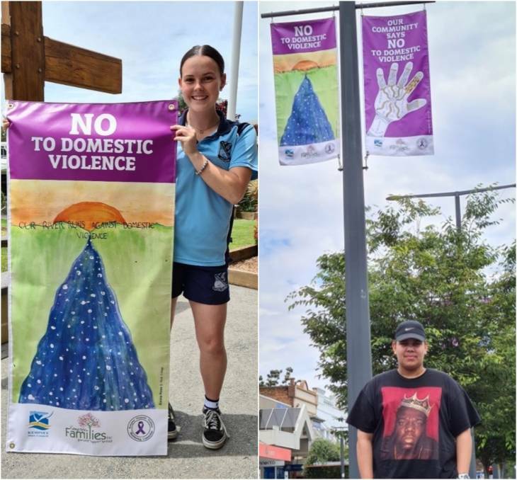 Smith St banners supplied by Kempsey Families which display the artwork of two students from local Kempsey High Schools created through the Love Bites Healthy Relationships in Schools Program. Pictured are Emma Ross and Anton Atkinson.
