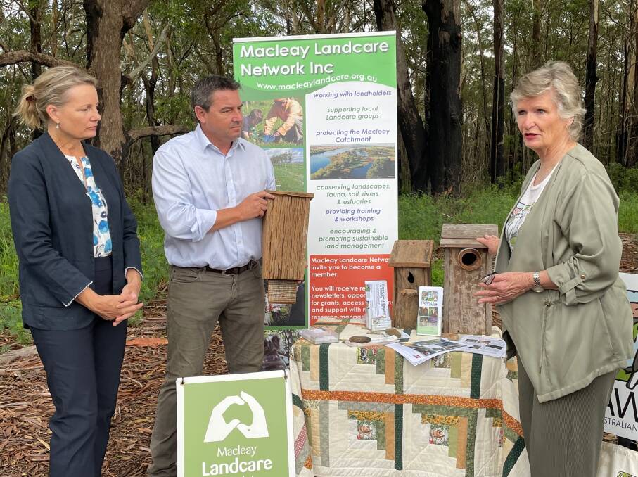 Minister for the Environment Sussan Ley, Member for Cowper Pat Conaghan and Meredith Ryan of FAWNA with examples of the nest boxes.