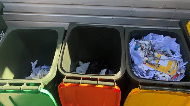 Green, Red, Yellow Council bins