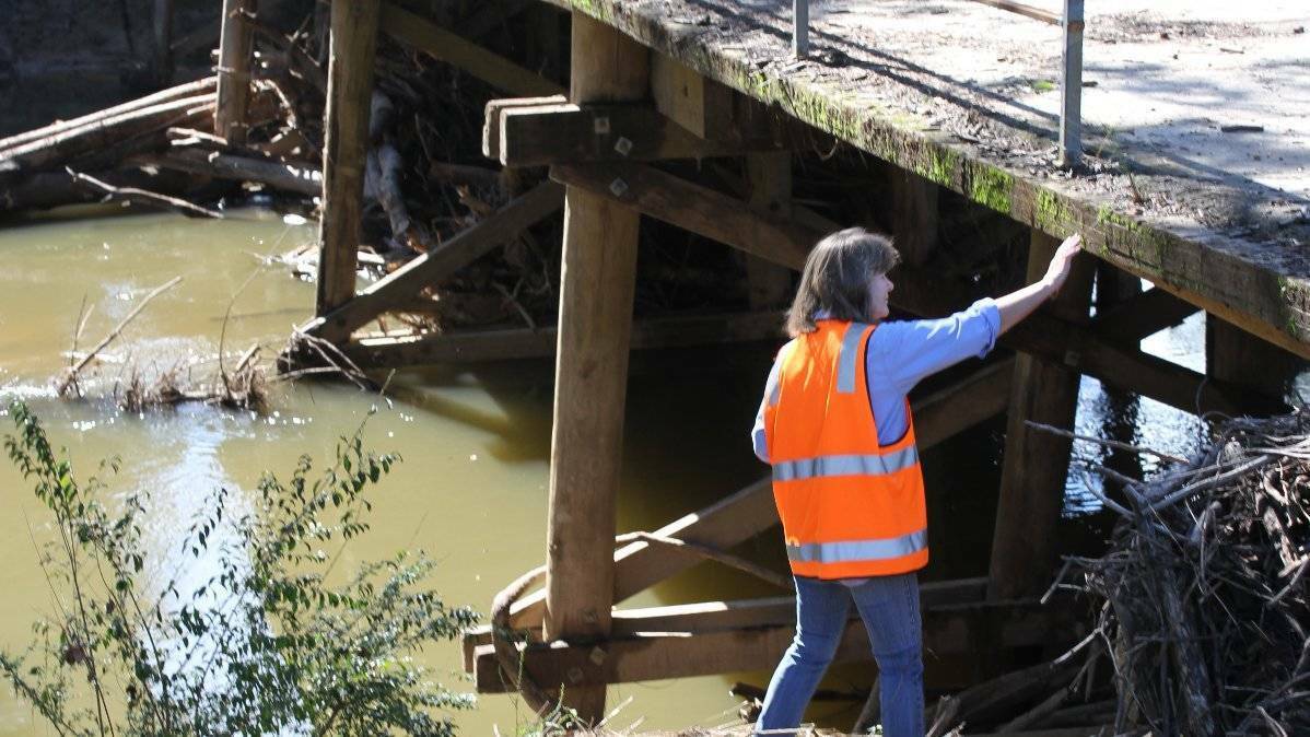 Nambucca Shire mayor, Rhonda Hoban, inspecting one of the shire's timber bridges