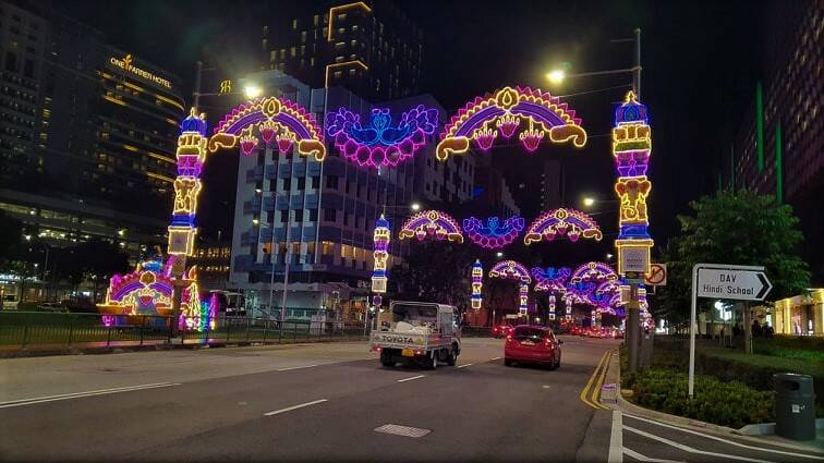 The streets are lined with lights such as these in the Little India area of the city.