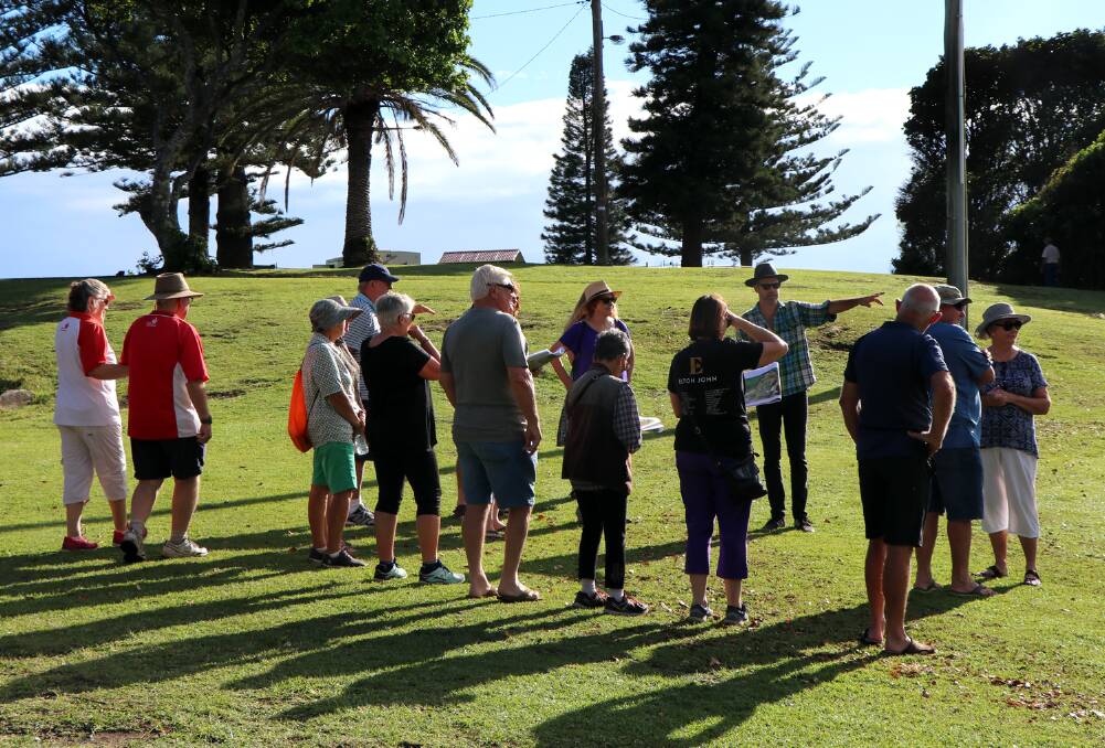 Landscape architect Dan Plummer leads a walking tour of Horseshoe Bay Reserve to explain features of the draft masterplan. Photo: Supplied