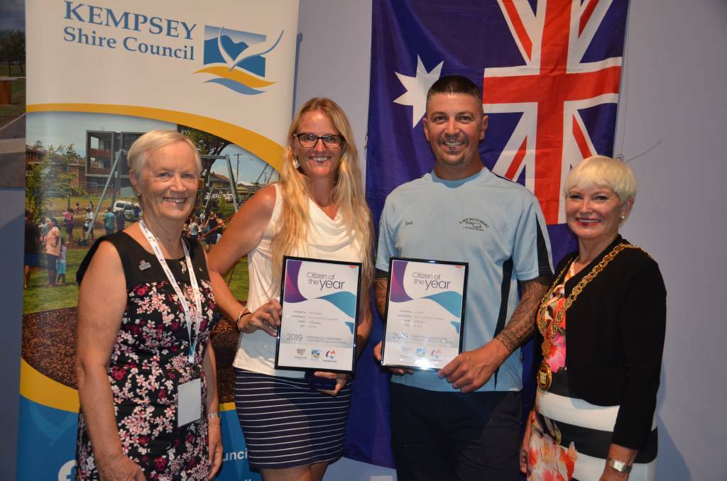 2019 Australia Day Ambassador Diana Ryall, 2019 recipients of the Citizen of the Year awards Holly Gaddes and Josh Ball and mayor Liz Campbell. Photo: Ruby Pascoe