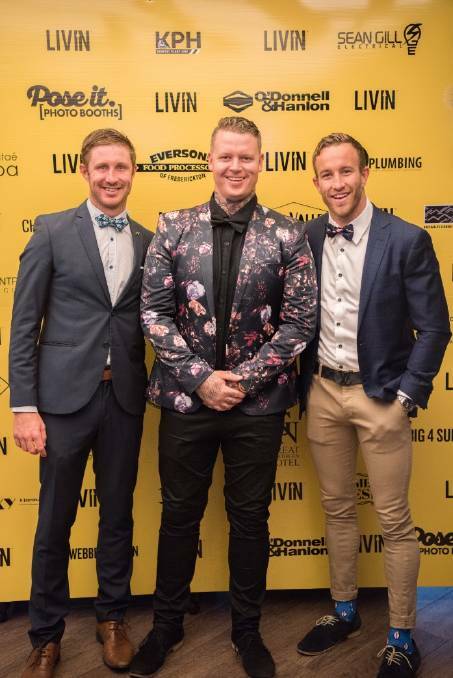 Livin co-founders Casey Lyons (left) and Sam Webb (right) with Livin Charity Ball organiser Tony Duncan (middle) at last years event. Photo: Casey Micallef