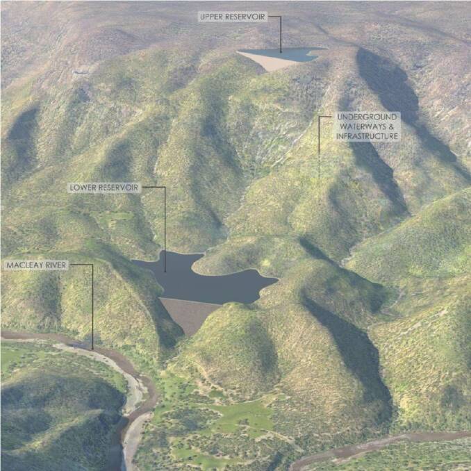 A graphic impression of the planned Oven Mountain pumped hydro project, midway between Kempsey and Armidale. Photo: Supplied