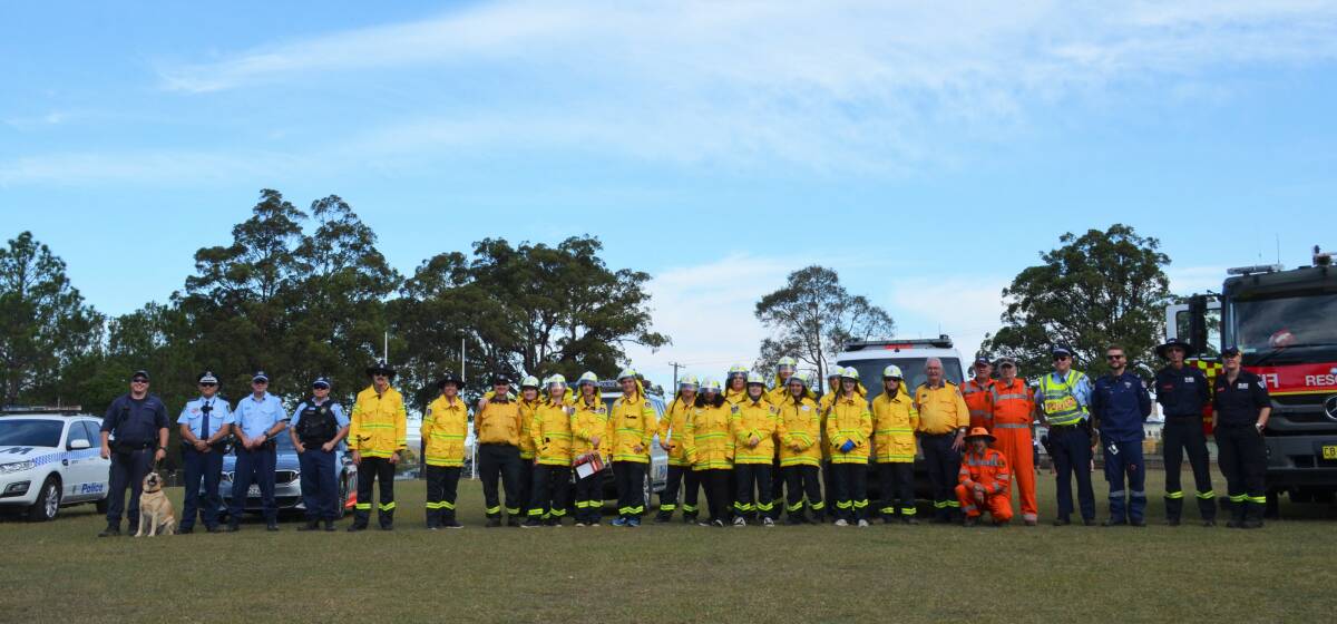 Police, SES, RFS, Fire and Rescue and local ambulance crews with the RFS cadets at Kempsey High School. Photo: Ruby Pascoe