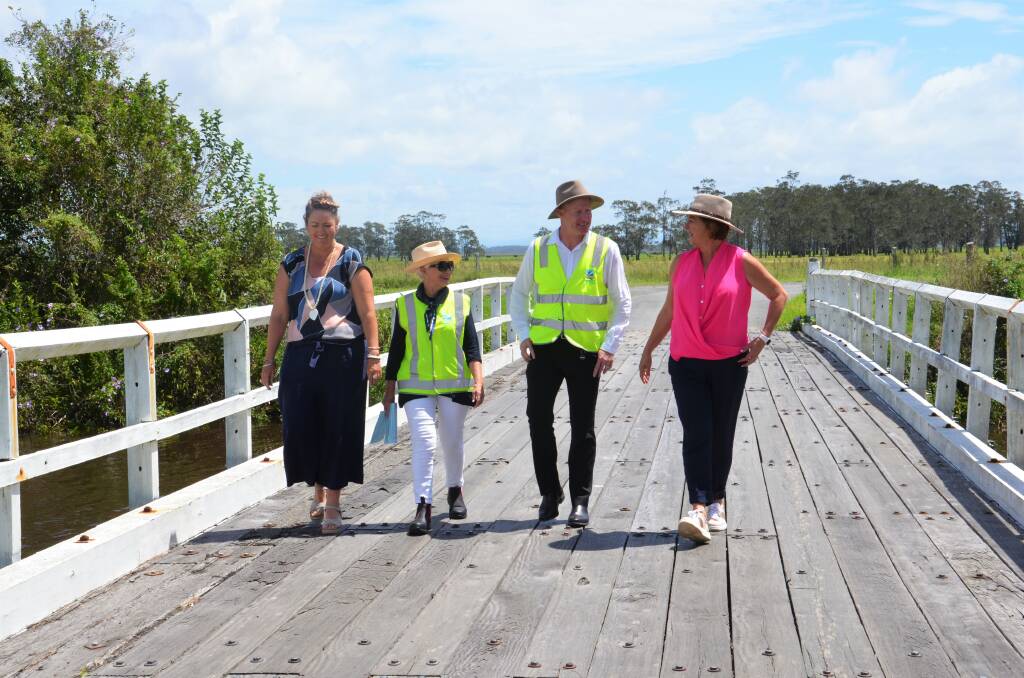 Landowner Anne Fraser, mayor Liz Campbell, council's director of operations Robert Fish and member for Oxley Melinda Pavey. Photo: Ruby Pascoe