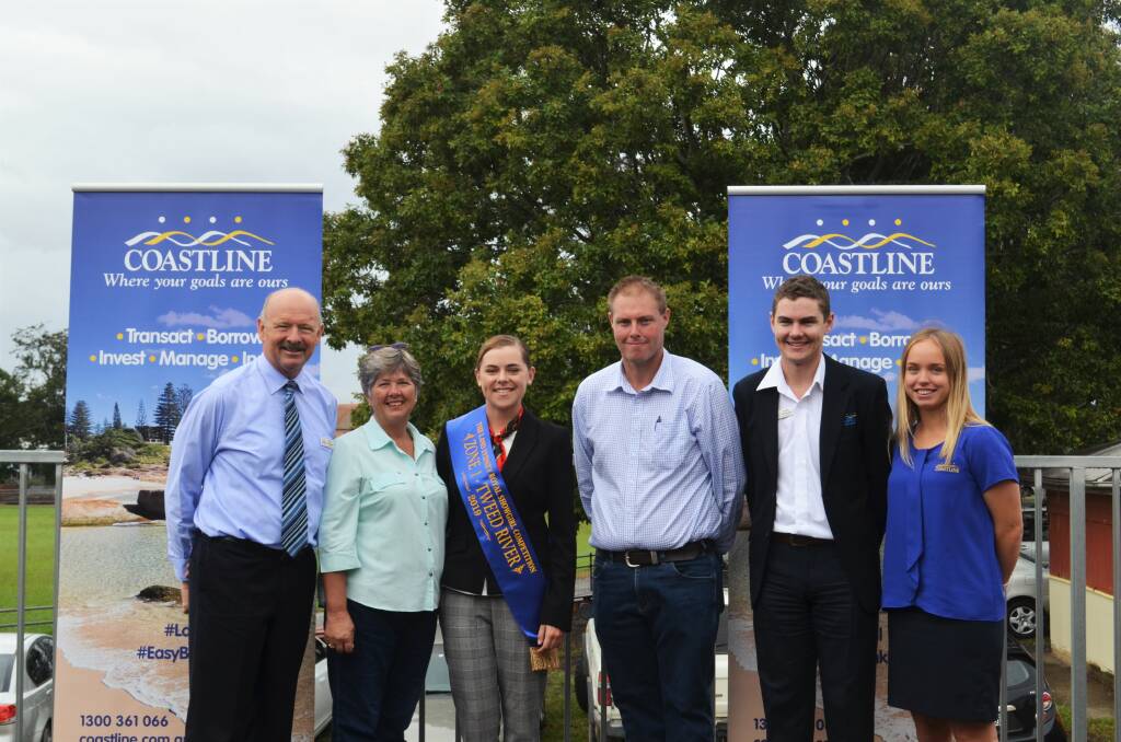 Coastline general manager Peter Townsend, Kemspey Show Society president Donna Clarke, Kempsey Showgirl 2018 Elizabeth Jackson, director of Kempsey Show Society Stewart Witchard and Lachy Townsend and Annabelle Sneddon from Coastline Credit Union. Photo: Ruby Pascoe