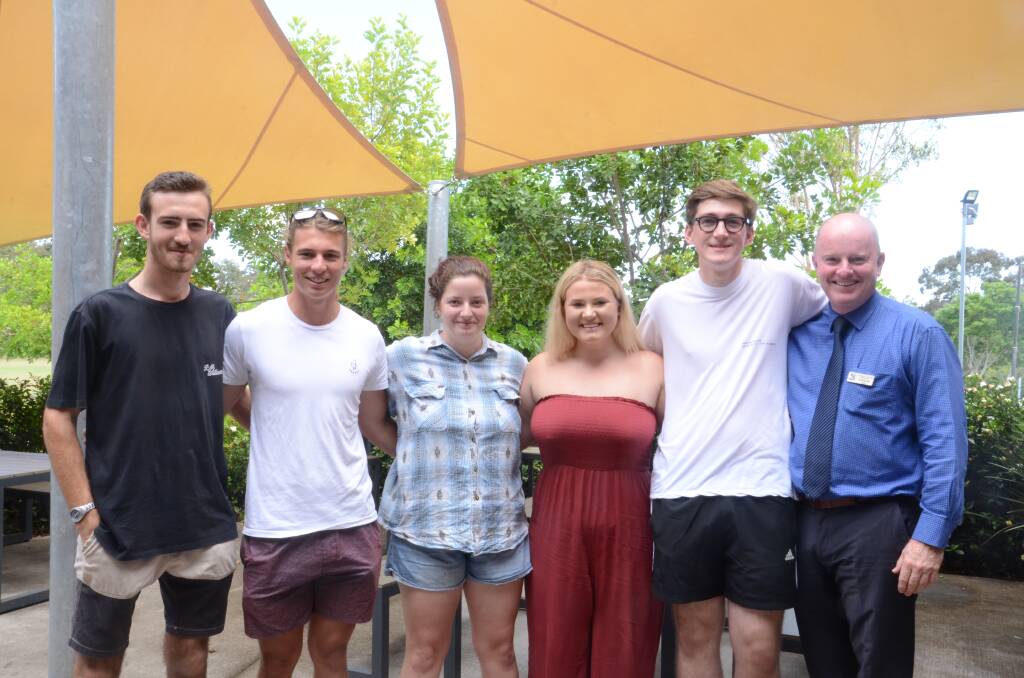 St Paul's College year 12 students Brendan Bannon-Callega, Jacob Nelson, Siobhan Musgrave, Ruby Colling and James Walker with Prinicpal Kevin Lewis