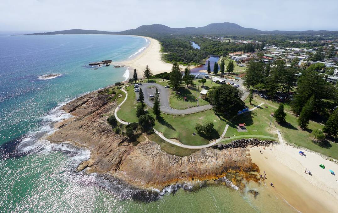 An aerial view showing the proposed route of the Monument Point walkway at Horseshoe Bay, South West Rocks. Photo: Supplied