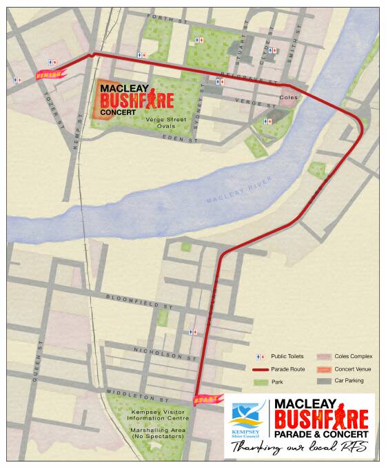 The route of the Macleay Bushfire Parade. The parade, organised by Kempsey Shire Council, will start at 11.30am at the Visitor Information Centre at South Kempsey, travel across Kempsey Bridge then continue along Belgrave Street to Tozer Street West Kempsey