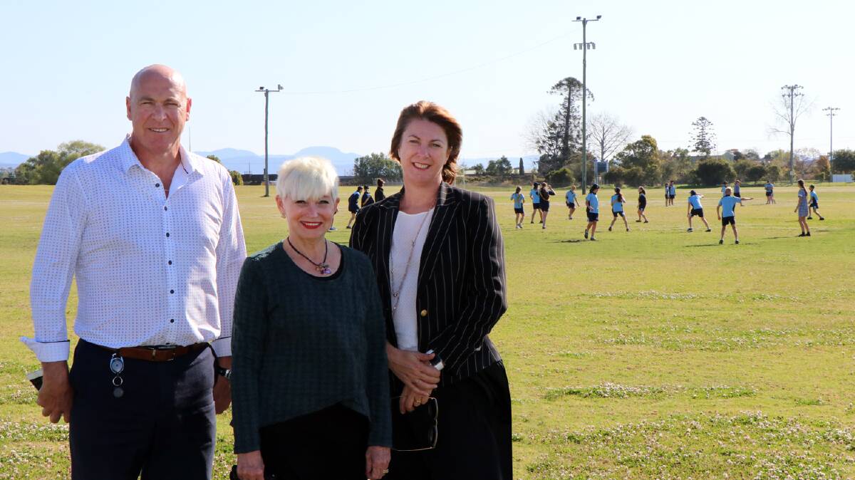 Council's general manager Craig Milburn, mayor Liz Campbell and member for Oxley Melinda Pavey at the Verge St/Eden St Playing Fields in Kempsey