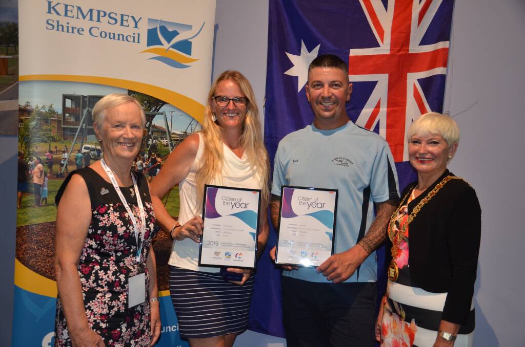 Australia Day Ambassador Diana Ryall AM, Citizen of the Year joint winners Holly Gaddes and Josh Ball and mayor Liz Campbell. Photo: Ruby Pascoe