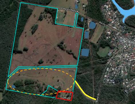 The lots subject of the original proposal are delineated in blue (Lot 703, highlighted in red, no longer forms part of the planning proposal). The extent of this area subject to the proposed amendments is circled by the dashed orange line - with the approved access road in yellow. Photo: Supplied