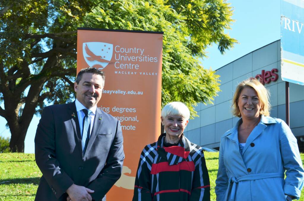 Federal Member for Cowper Pat Conaghan, Mayor Liz Campbell and Member for Oxley Melinda Pavey at the funding announcement for Kempsey's Country Universities Centre. Photo: Ruby Pascoe