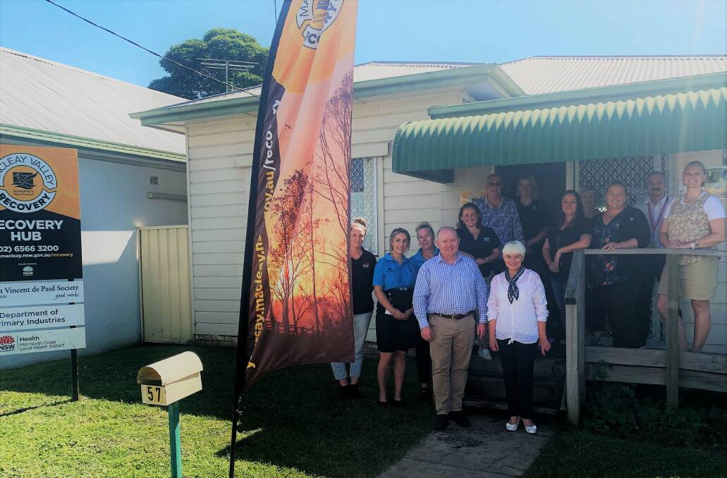 Commissioner of Resilience NSW Shane Fitzsimmons and Mayor Liz Campbell with the team at the Macleay Valley Recovery Hub. Photo: Supplied
