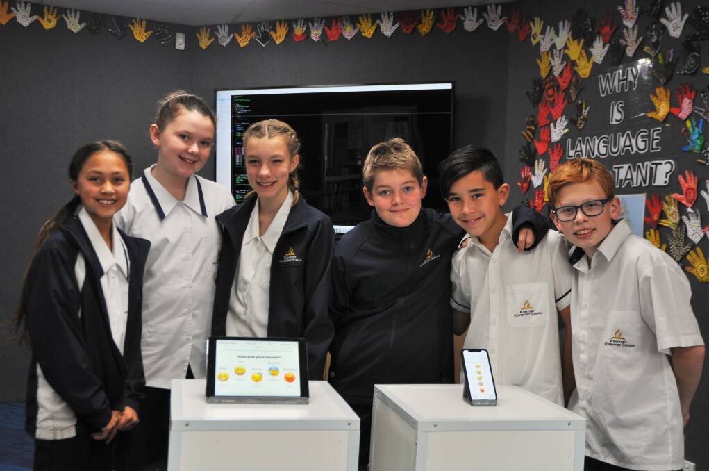 Alara, Abby, Ellia, Josh, Joaquin and Rhy with their project Real-time Learning. Photo: Ruby Pascoe