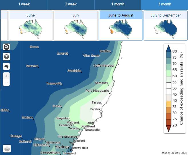 Rainfall predicted for the Mid North Coast from June to August. Photo: Supplied by BoM
