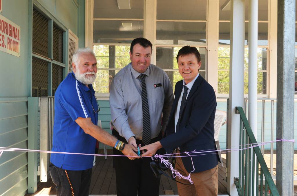 Fred Kelly from the Kempsey Local Aboriginal Land Council, Principal of Kempsey South Public School Paul Byrne and former Principal Andrew Kuchling. Photo: Ruby Pascoe
