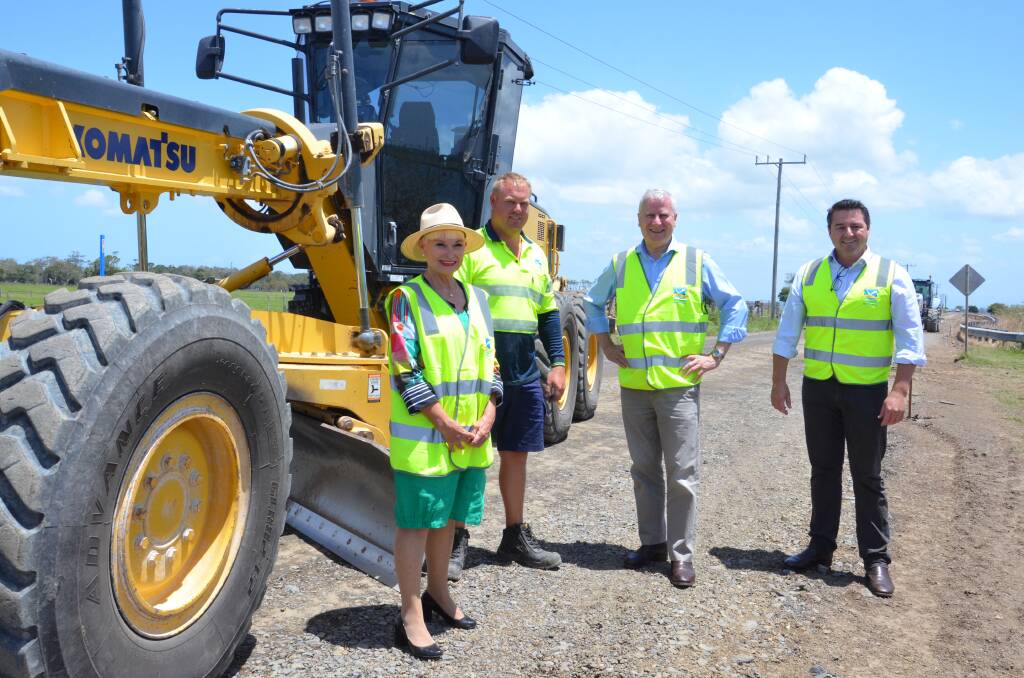 Mayor Liz Campbell, council worker Mark Westerman, Deputy Prime Minister Michael McCormack and Federal Member for Cowper Pat Conaghan. Photo: Ruby Pascoe