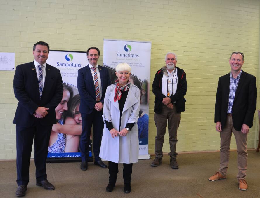 Federal Member for Cowper Pat Conaghan, Samaritans CEO Brad Webb, Mayor Liz Campbell, Uncle Fred Kelly and Healthy North Coast Director Steve Mann. Photo: Ruby Pascoe